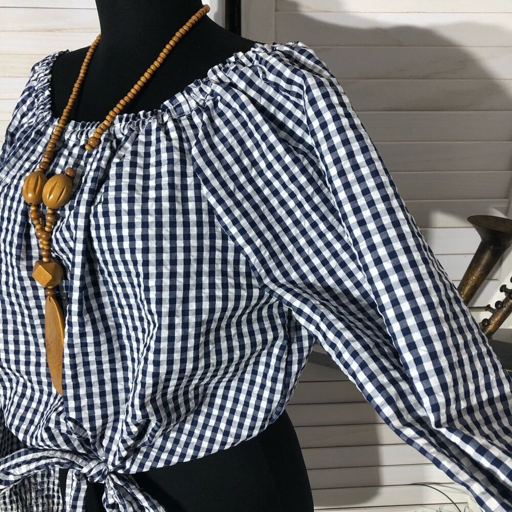 Sanctuary Claire Gingham Print Top White Navy Blue M - Picture 8 of 10